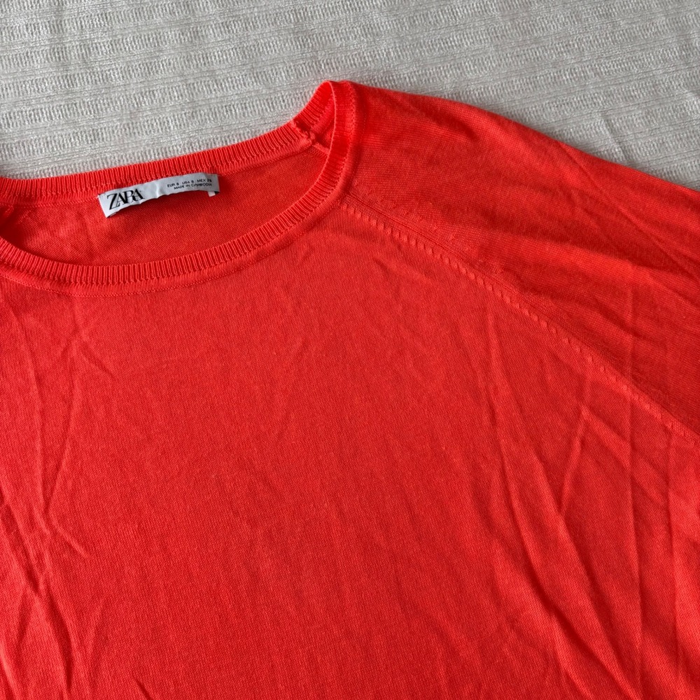 Zara Women Neon Coral Orange Raglan Knit Sweater‎ Viscose Blend Size S Pullover